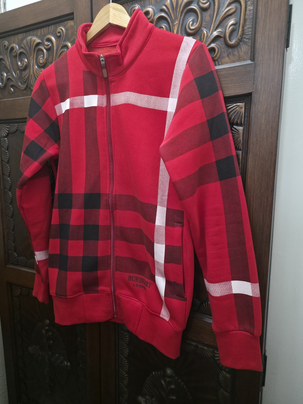 Burberry Deep Red Plaid Zip Jacket.